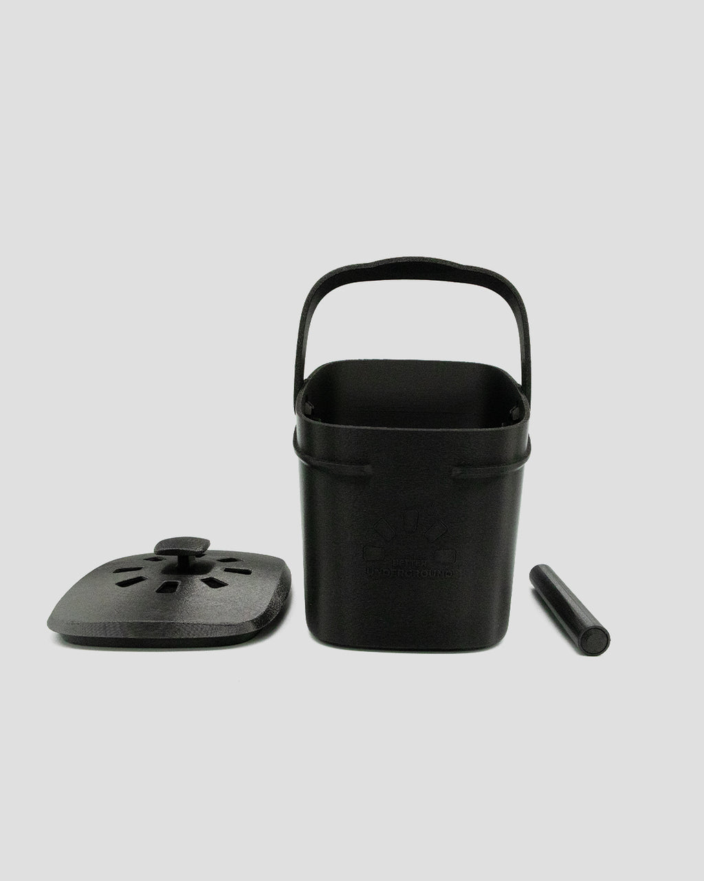 Better Underground coffee compost bin in black, lifestyle flat lay – eco kitchen composting