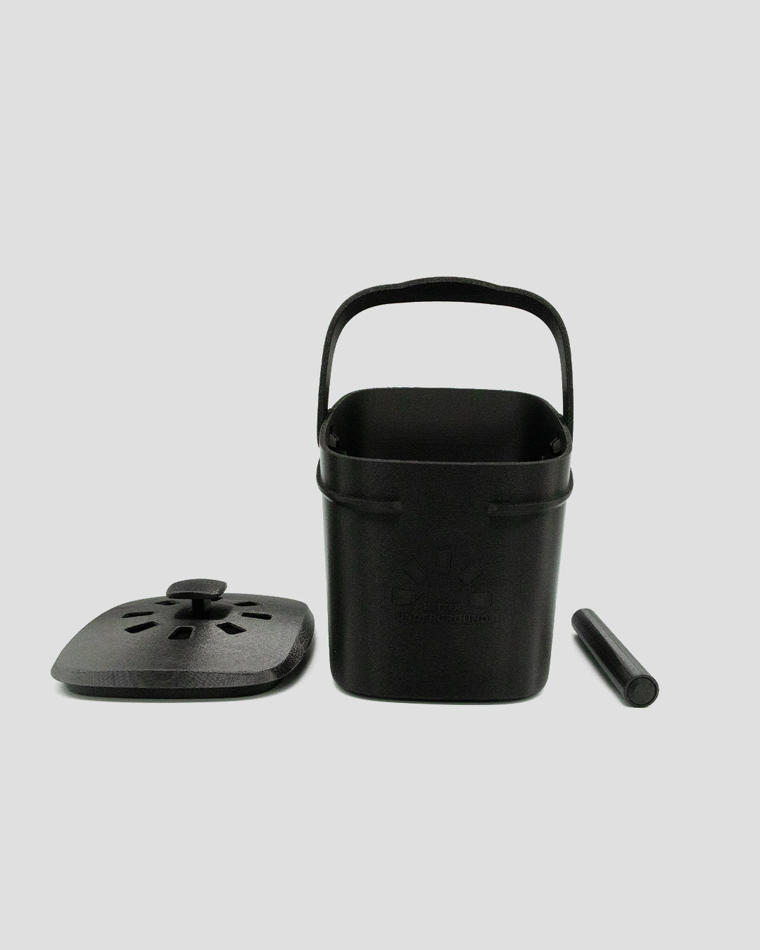 Better Underground coffee compost bin in black, lifestyle flat lay – eco kitchen composting