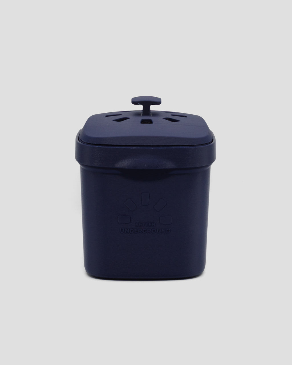 Better Underground coffee compost bin in blue, front view – recycled materials, sustainable design