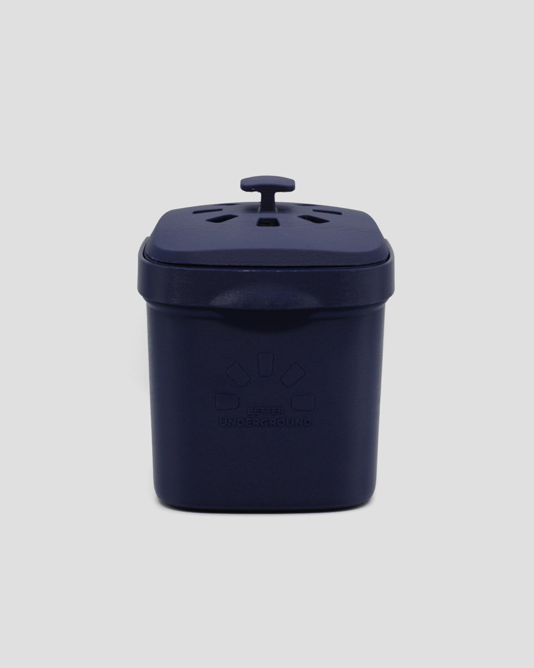 Better Underground coffee compost bin in blue, front view – recycled materials, sustainable design