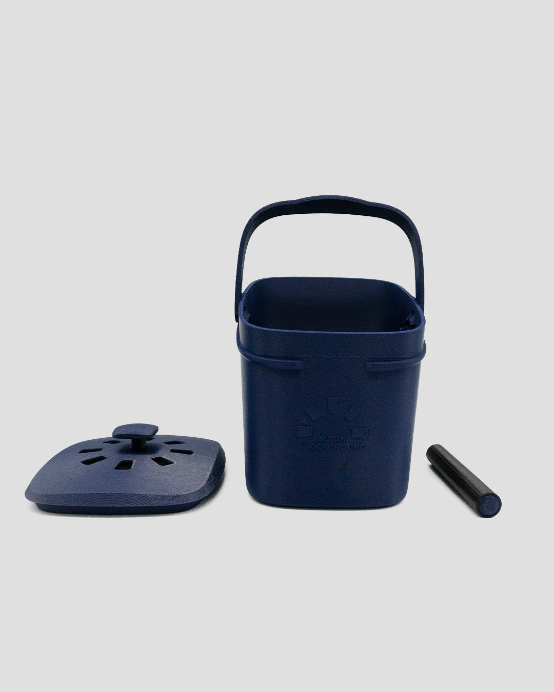 Better Underground coffee compost bin in blue, lifestyle flat lay – eco kitchen composting