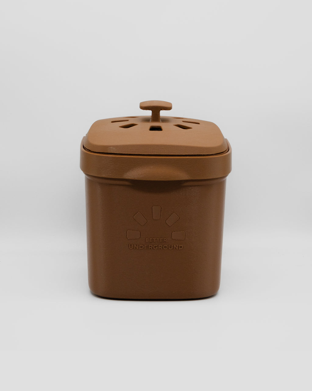 Better Underground coffee compost bin in brown, front view – recycled materials, sustainable design