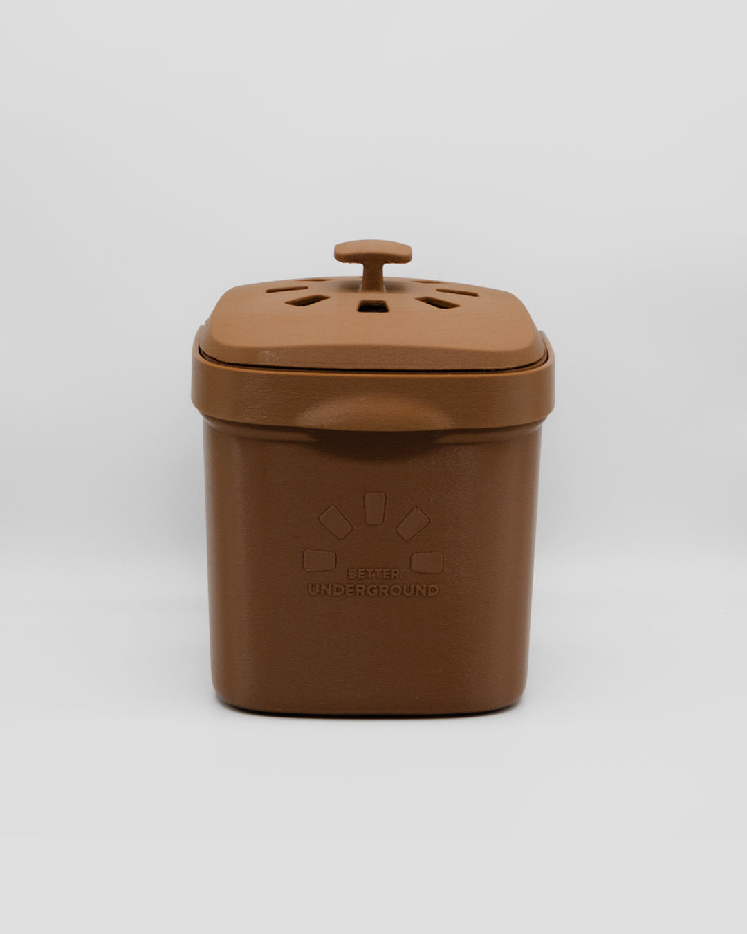 Better Underground coffee compost bin in brown, front view – recycled materials, sustainable design