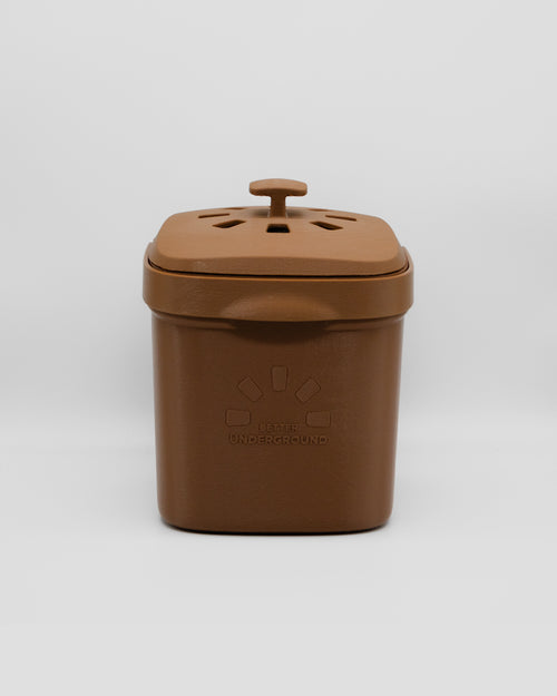 Better Underground coffee compost bin in brown, front view – recycled materials, sustainable design