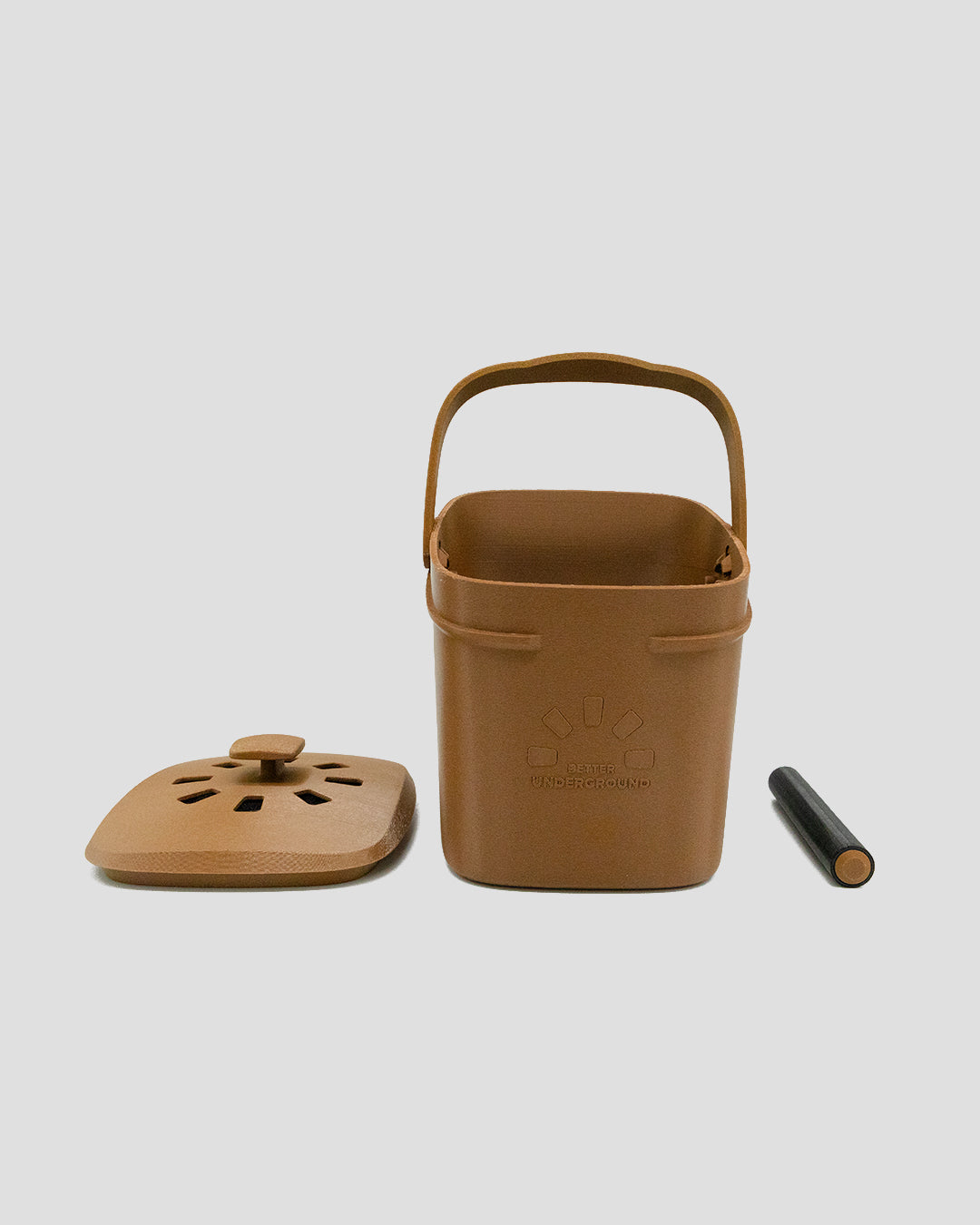 Better Underground coffee compost bin in brown, lifestyle flat lay – eco kitchen composting