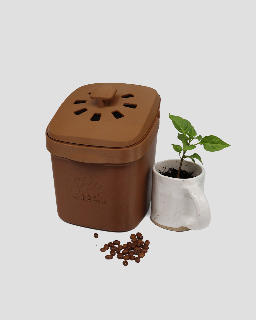Better Underground coffee compost bin in brown, angle view – sustainable kitchen accessory