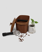 Better Underground coffee compost bin in brown, styled in kitchen – designer compost bin Australia