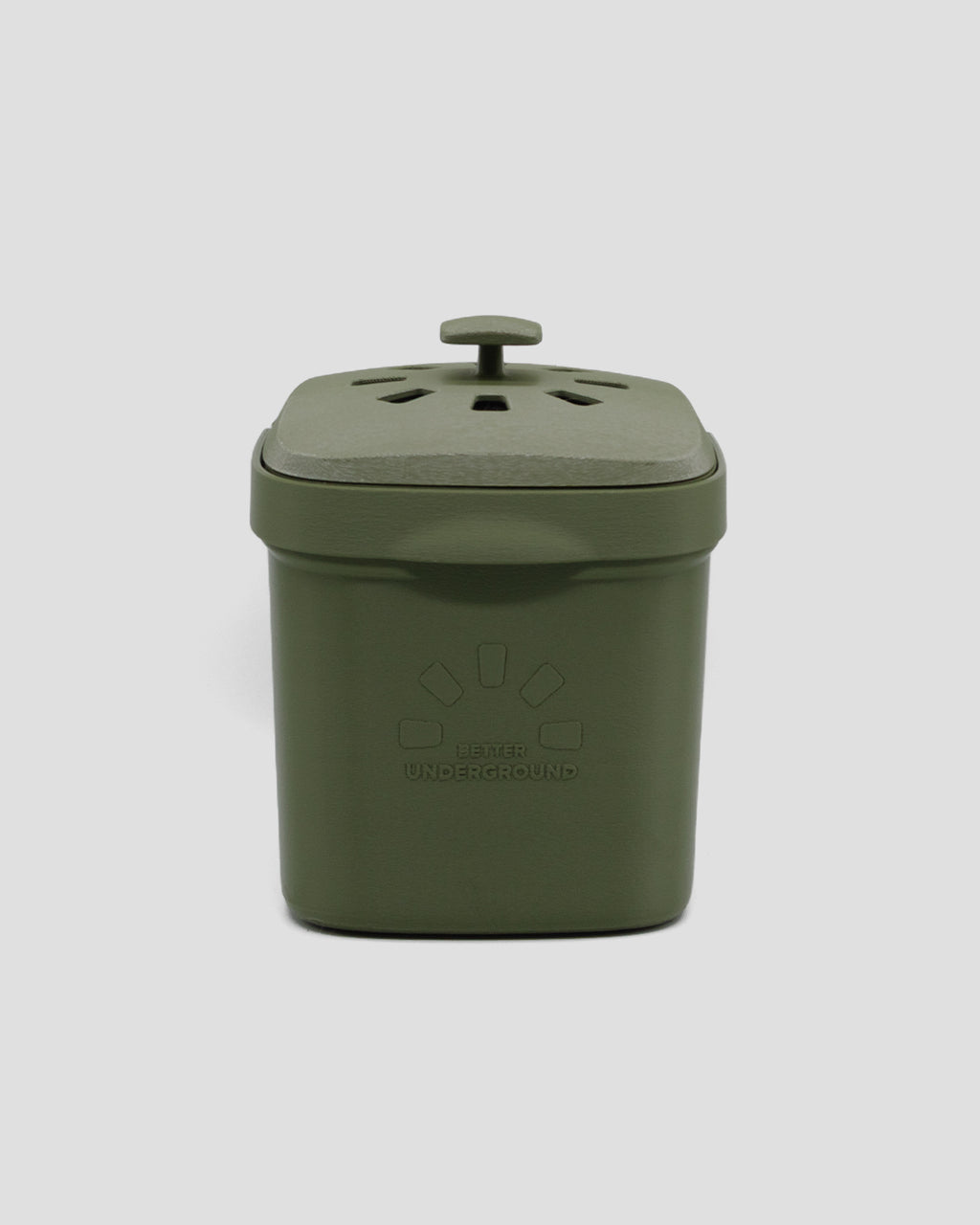 Better Underground coffee compost bin in olive green, front view – recycled materials, sustainable design