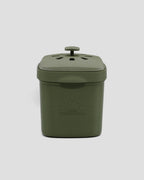 Better Underground coffee compost bin in olive green, front view – recycled materials, sustainable design