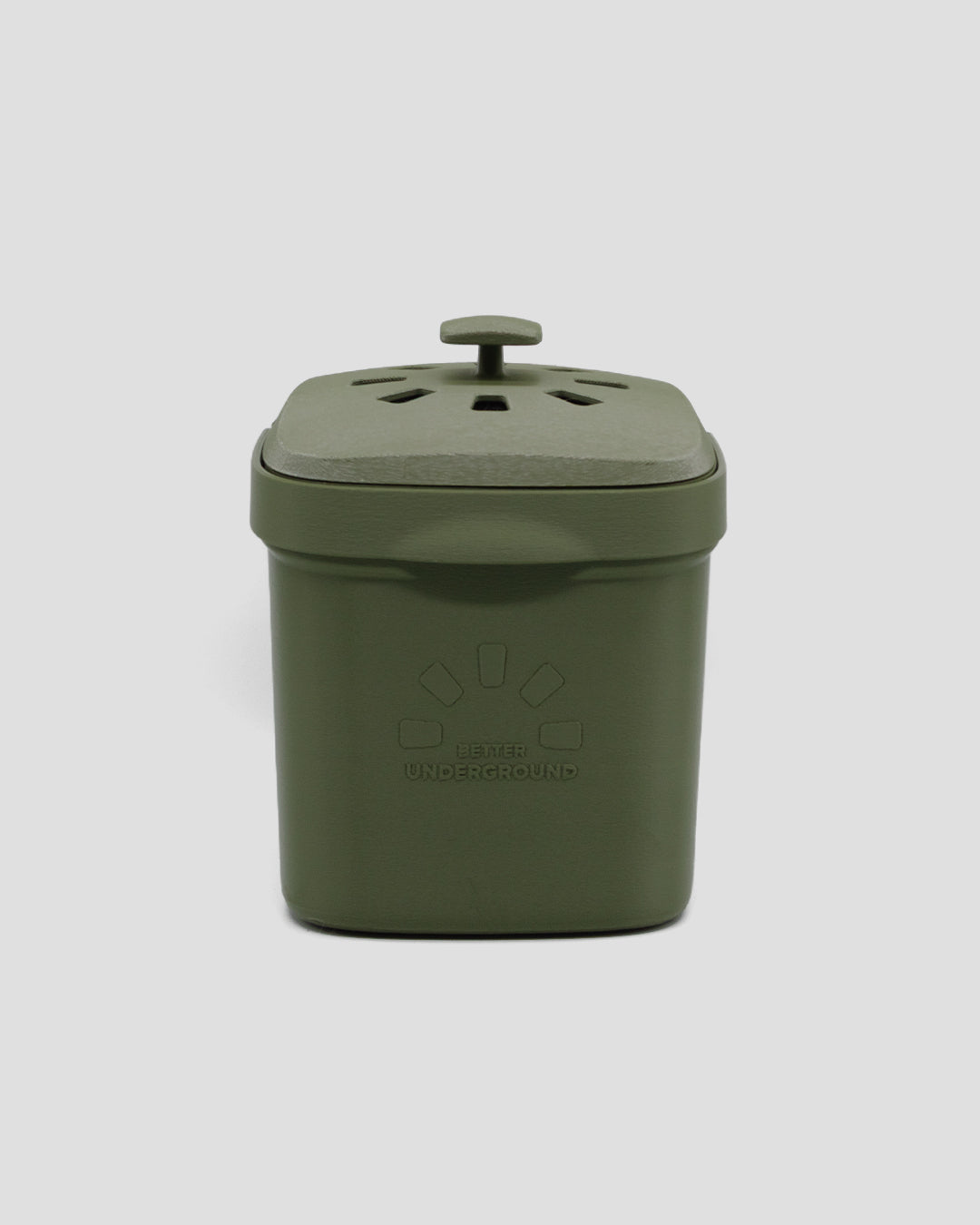 Better Underground coffee compost bin in olive green, front view – recycled materials, sustainable design