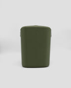 Better Underground coffee compost bin in olive green, styled in kitchen – rear view -designer compost bin Australia