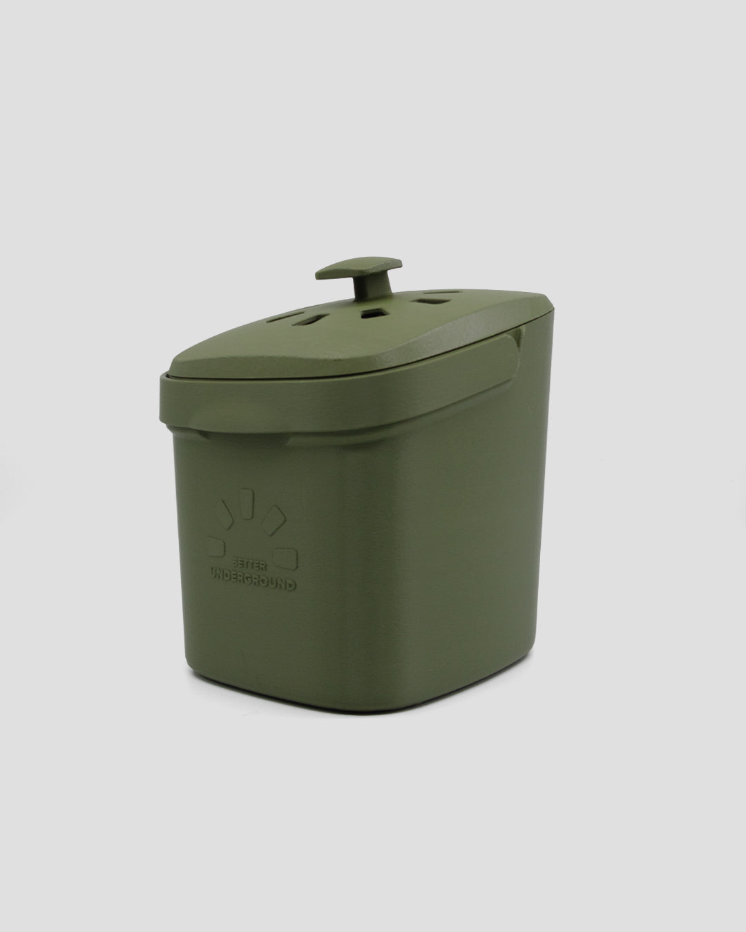 Better Underground coffee compost bin in olive green, lifestyle view – eco-friendly kitchen composting