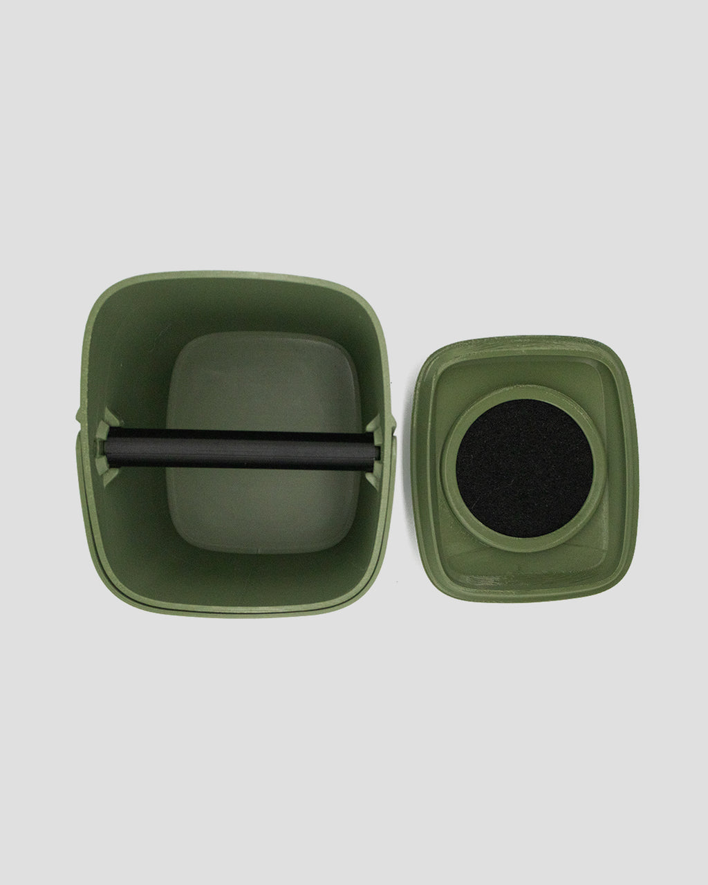 Better Underground coffee compost bin in olive green, close-up, top-view – aeration design, recycled plastic