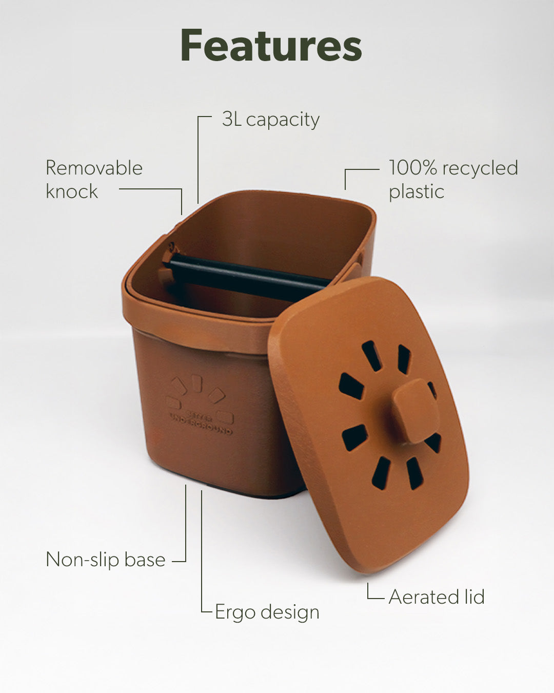 Brown coffee compost bin with features highlighted on a white background