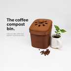 Coffee compost bin with coffee beans and a potted plant on a white background